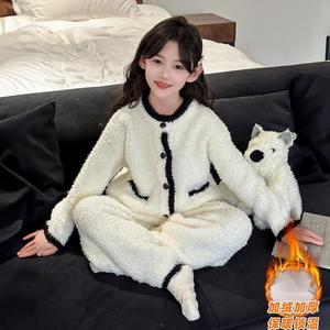 女童秋冬新款睡衣半边绒家居服保暖套装中大儿童小香风时髦两件套