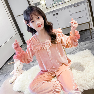 女童金丝绒睡衣春秋新款中大童儿童休闲两件套秋冬薄绒家居服套装