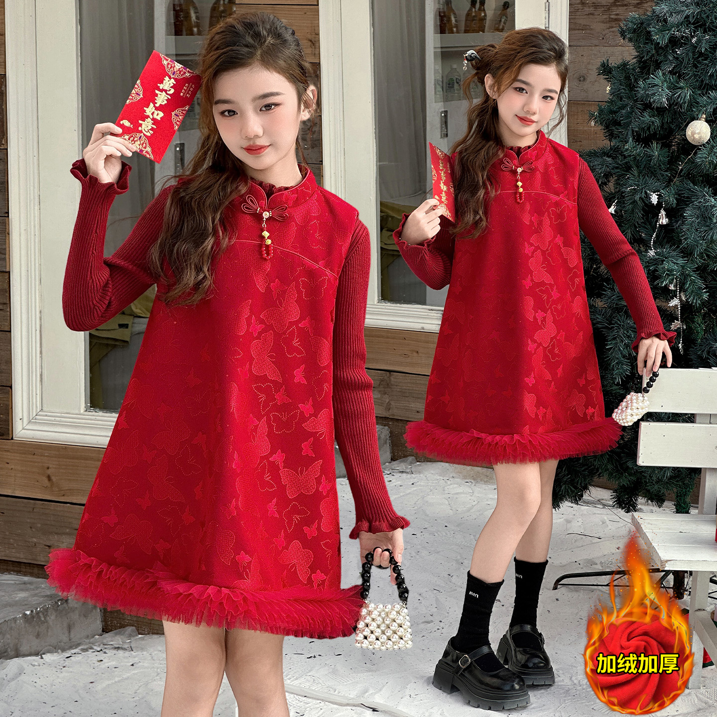 女童冬款加绒背心裙旗袍年服裙子
