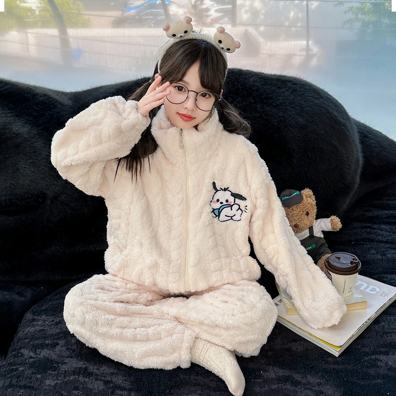 女童冬季法兰绒睡衣开衫家居服套