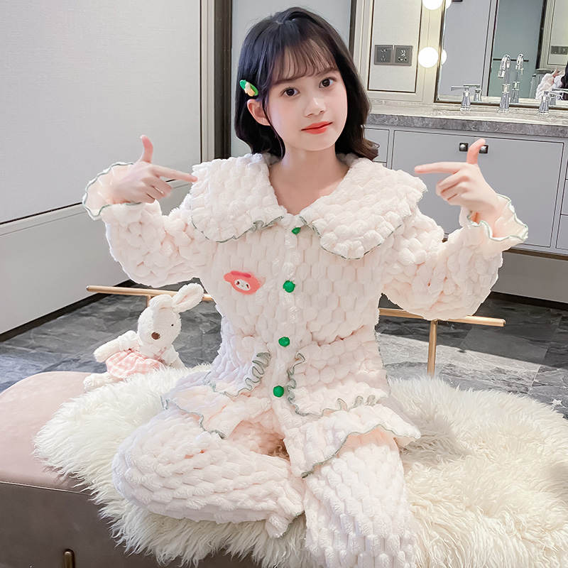 儿童冬季珊瑚绒睡衣女童学院风家居服两件套宝宝法兰绒甜美睡衣潮