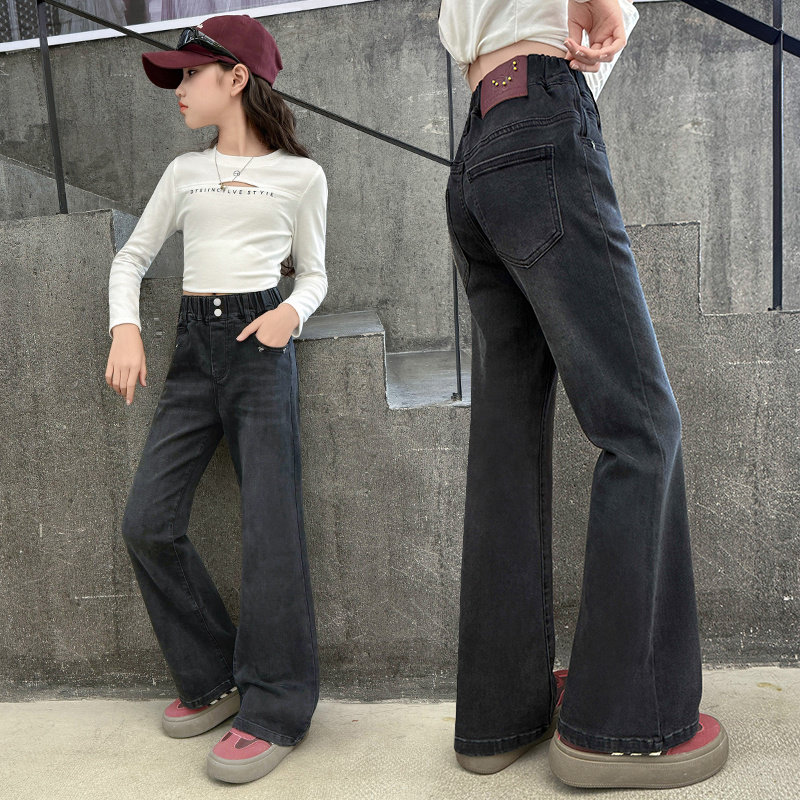 儿童牛仔裤春秋装女童洋气喇叭裤中大童时尚修身长裤子百搭紧身裤