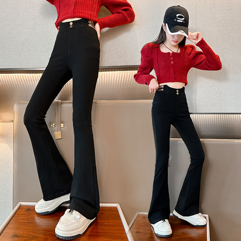 女童加绒裤子新款韩版中大童洋气喇叭裤小女孩弹力修身显瘦长裤潮