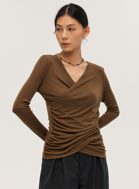 Wild Trims 野裁 「帷」 天丝羊毛交叠褶皱设计显瘦针织打底上衣