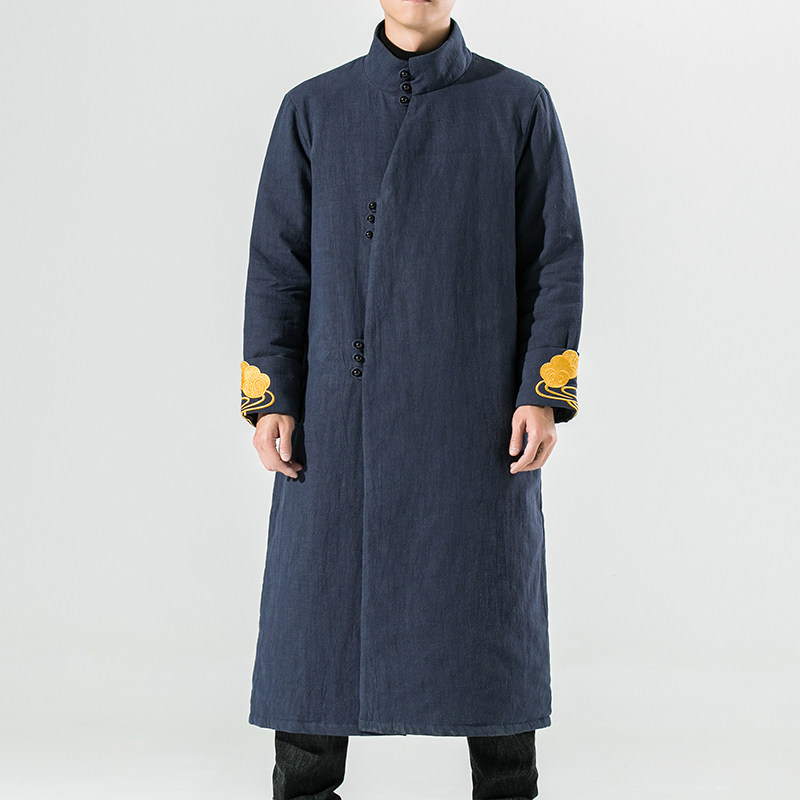 冬季中国风长款棉服男刺绣长袍外套复古风唐装汉服棉袄大衣禅修服