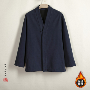 秋冬季中国风男装加绒汉服复古棉麻道服大码禅修外套宽松居士服男