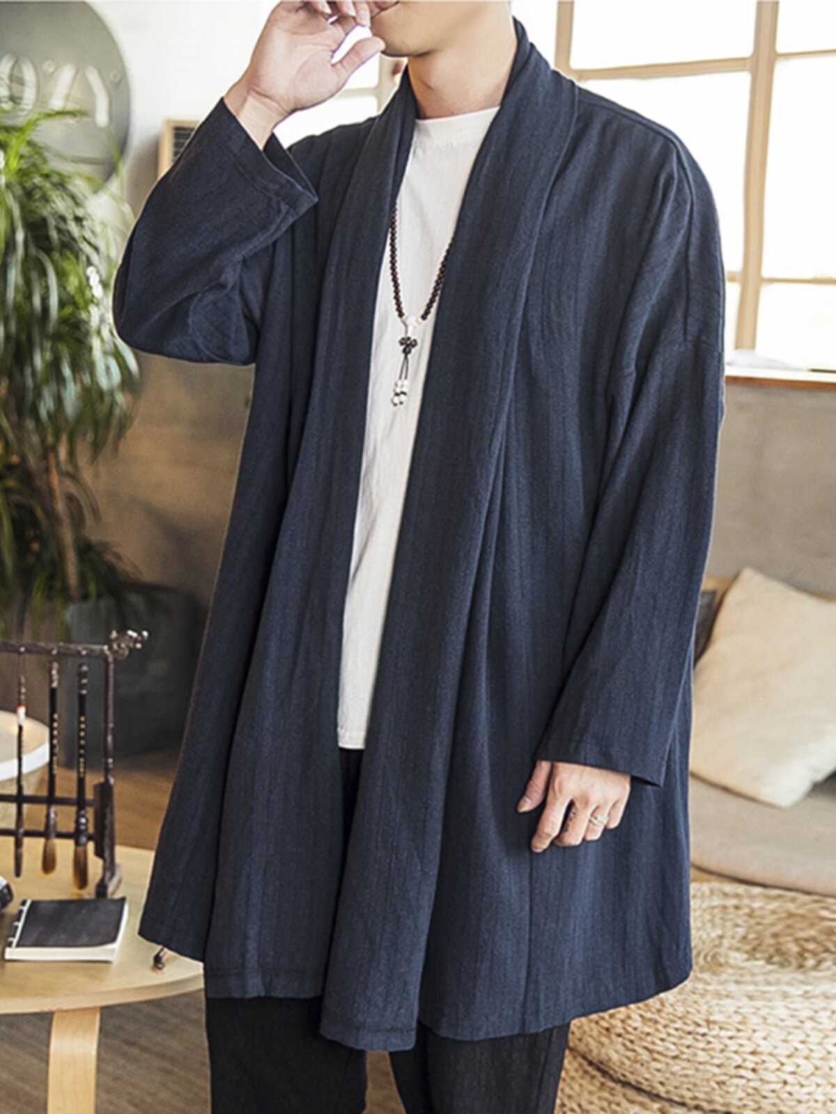 남성용 가을 중간 길이 윈드 브레이커 복고풍 중국식 면 및 린넨 가디건 도교 가운 한복 선 명상 복 망토 고대 스타일 재킷