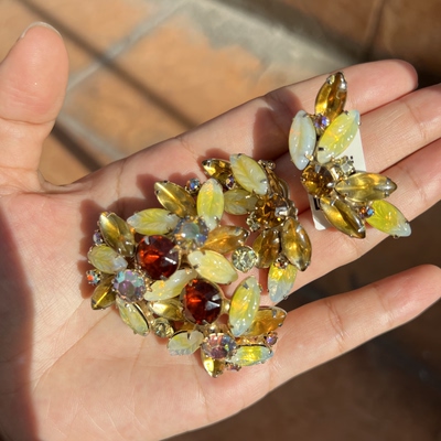vintage 应该juliana 柠檬黄沙拉琉璃莱茵石胸针耳夹