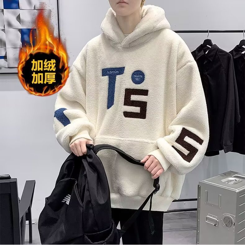 连帽卫衣男2023新款冬款加厚羊羔绒外套冬季羊羔毛男装衣服