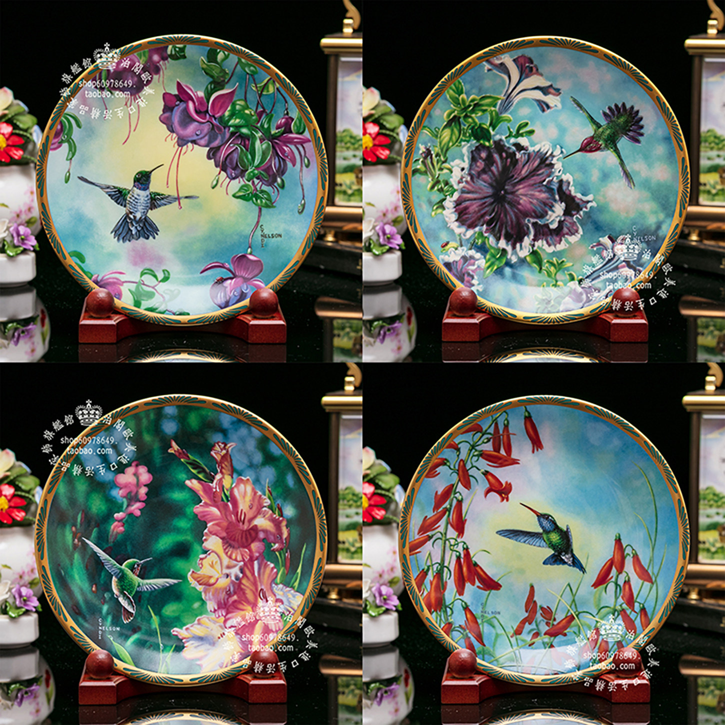 套组优惠价~美国 Bradford 1990美丽蜂鸟 限量陶瓷盘墙面装饰摆件