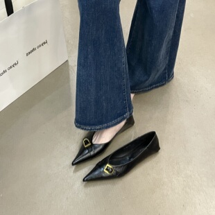 法式轻奢风尖头浅口单鞋女金属扣平跟通勤气质百搭玛丽珍鞋女鞋