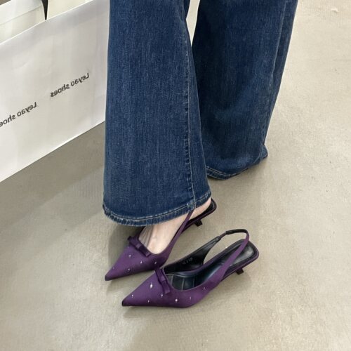 紫色水钻蝴蝶结尖头细跟单鞋