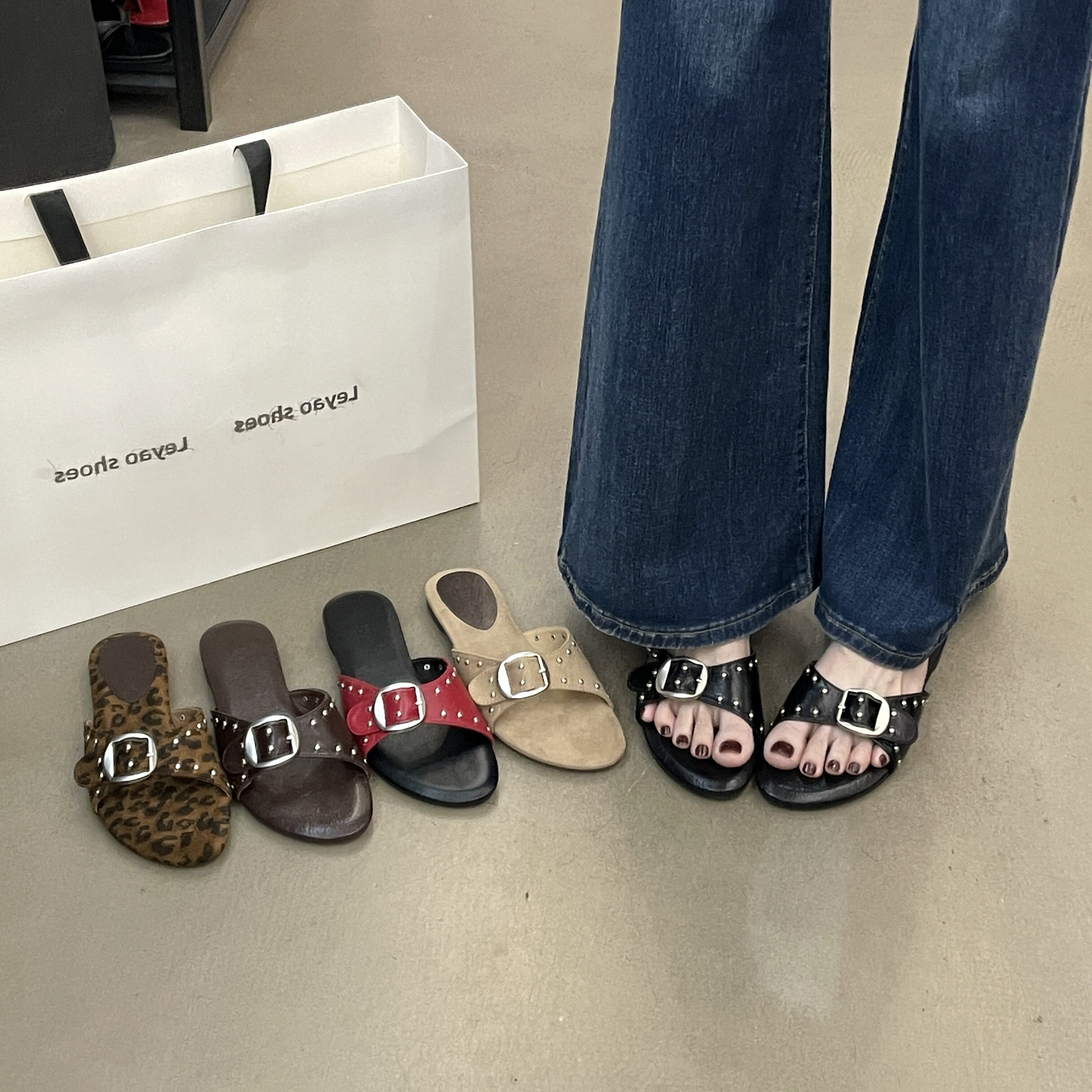 复古铆钉豹纹防滑平底女一字拖