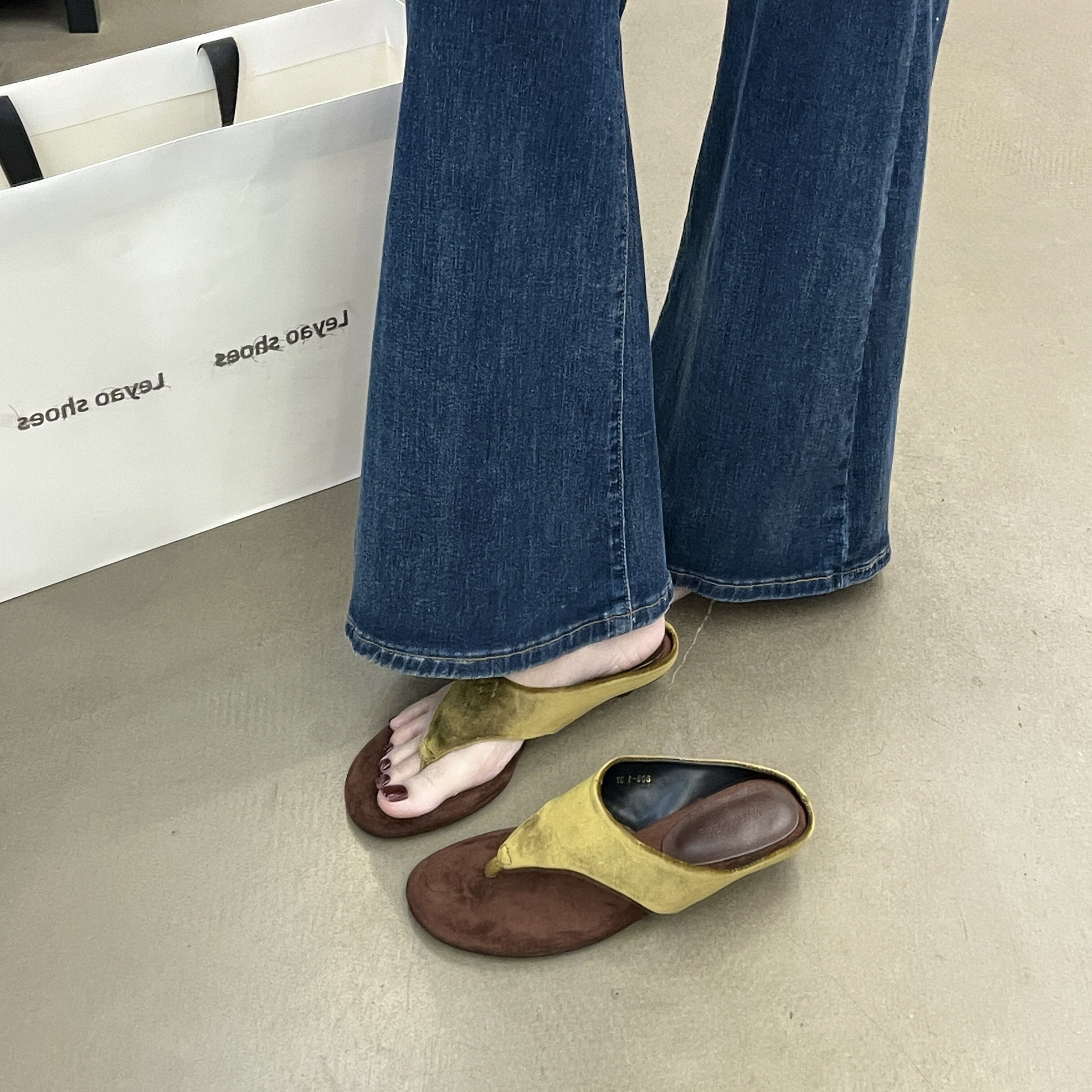 法式复古方头夹趾人字拖女夏防滑