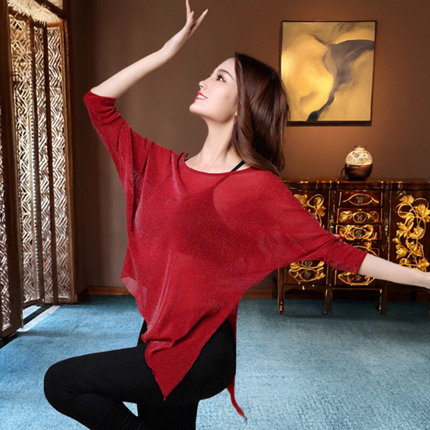 肚皮舞服2026新款上衣上半身练习服装银丝显瘦遮肚上装春夏大码女