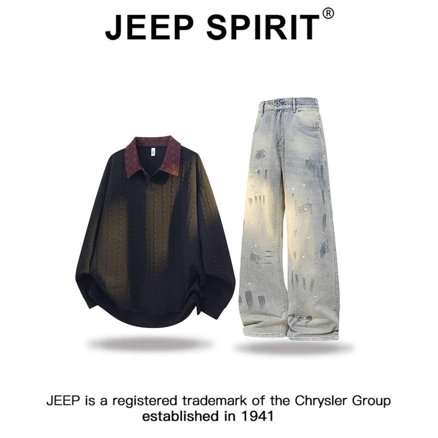 JEEPSPIRIT吉普老钱风拼接提花时尚卫衣套装男秋冬宽松休闲裤套装