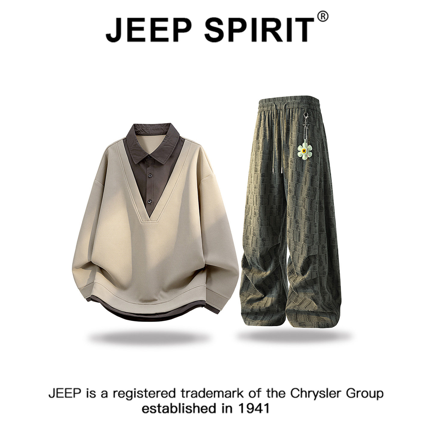 JEEPSPIRIT吉普假两件拼接撞色时尚卫衣套装男秋冬宽松休闲裤套装