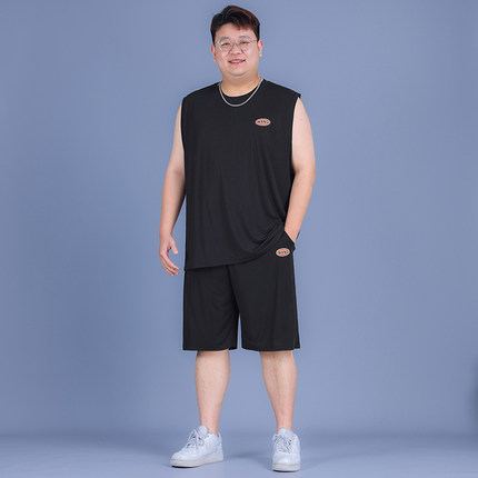 短袖t恤男坎肩背心胖子宽松休闲运动套装夏季无袖速干冰丝运动服