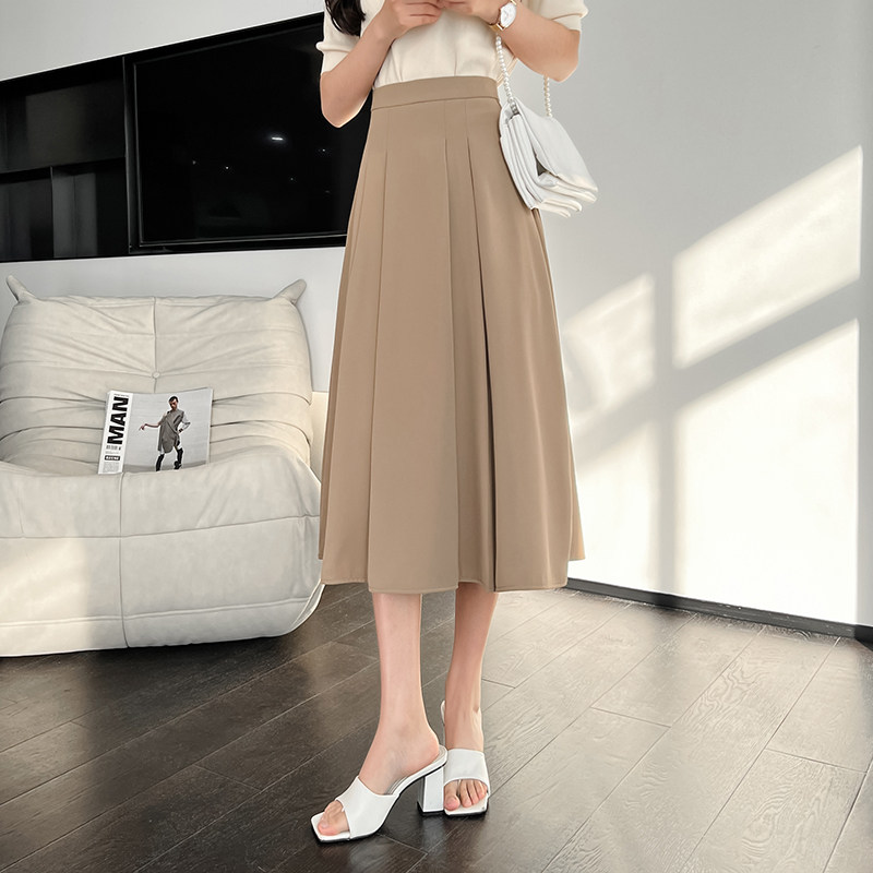 中长款半身裙女2026春夏新款高腰A字大摆OL过膝西装伞裙百褶长裙