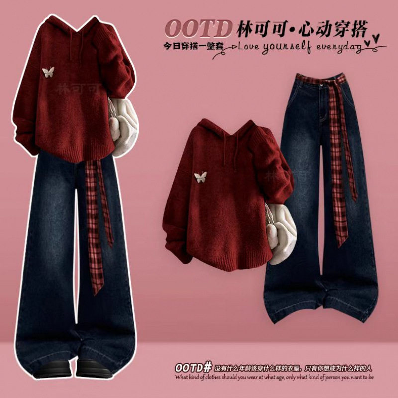 秋冬设计感一整套慵懒风穿搭女过年红色毛衣搭配高腰牛仔裤两件套