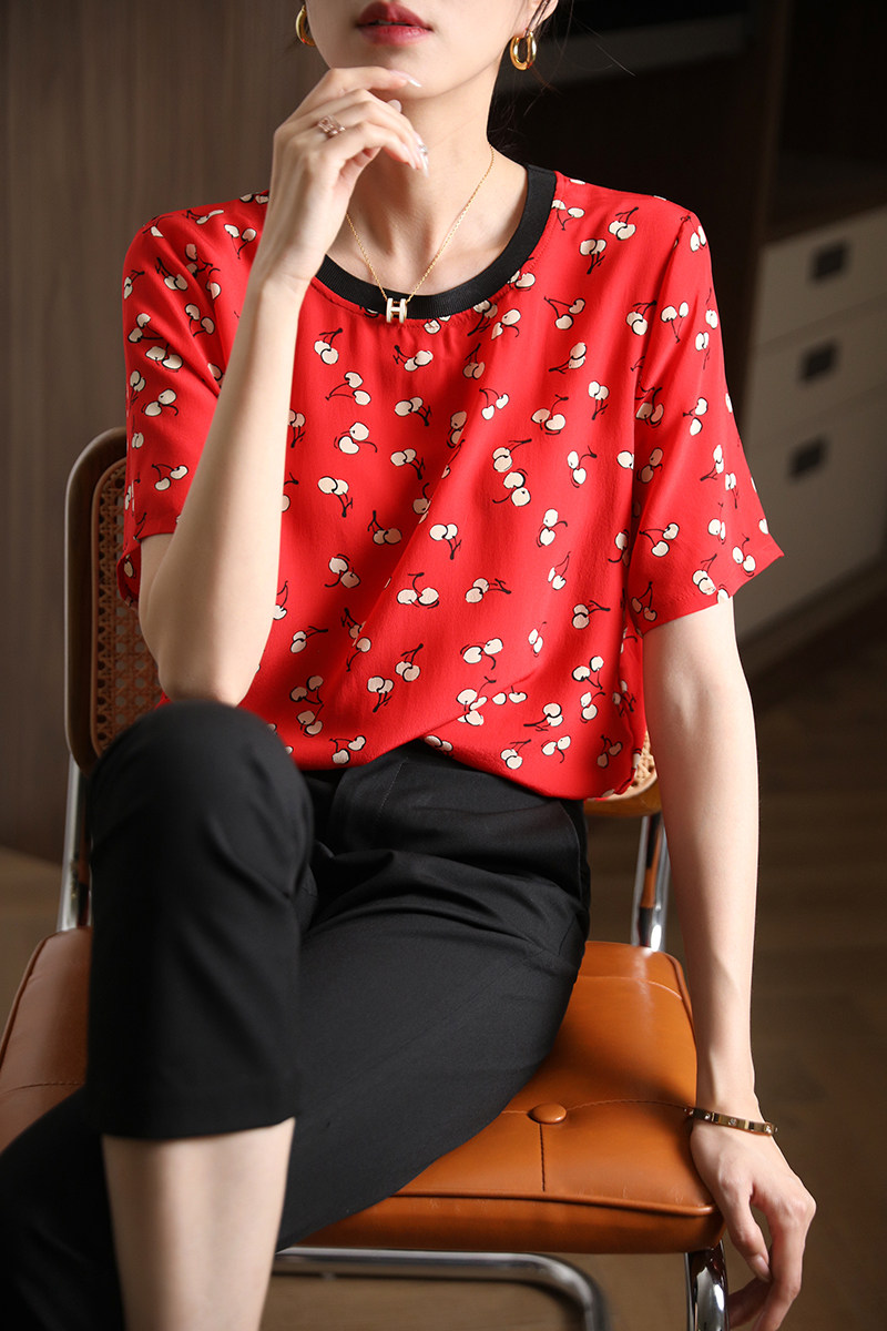 真丝短袖T恤女宽松樱桃印花上衣