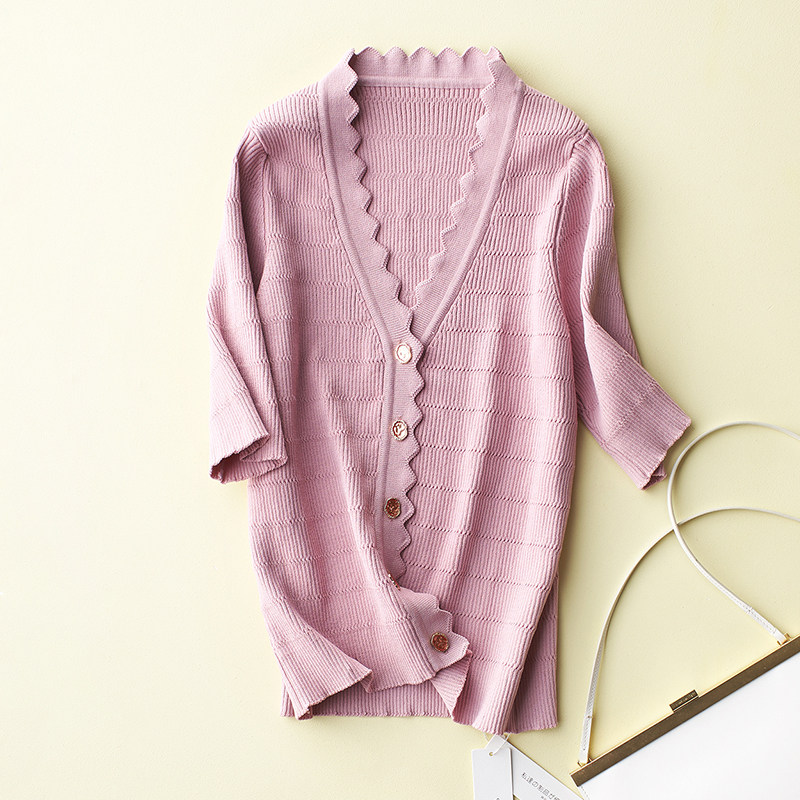 早春新款短款T恤上衣！V领别致纽扣点缀短袖针织开衫薄外套空调衫,女装/女士精品,毛针织衫,淘宝优惠券,粉丝福利购,淘宝优惠卷