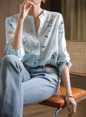 苎麻棉麻蓝色碎花衬衫上衣女
