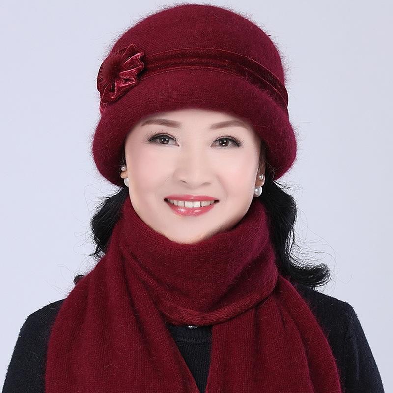 新款秋冬中老年女士兔毛针织毛线帽奶奶老人帽冬季中年妈妈帽围巾