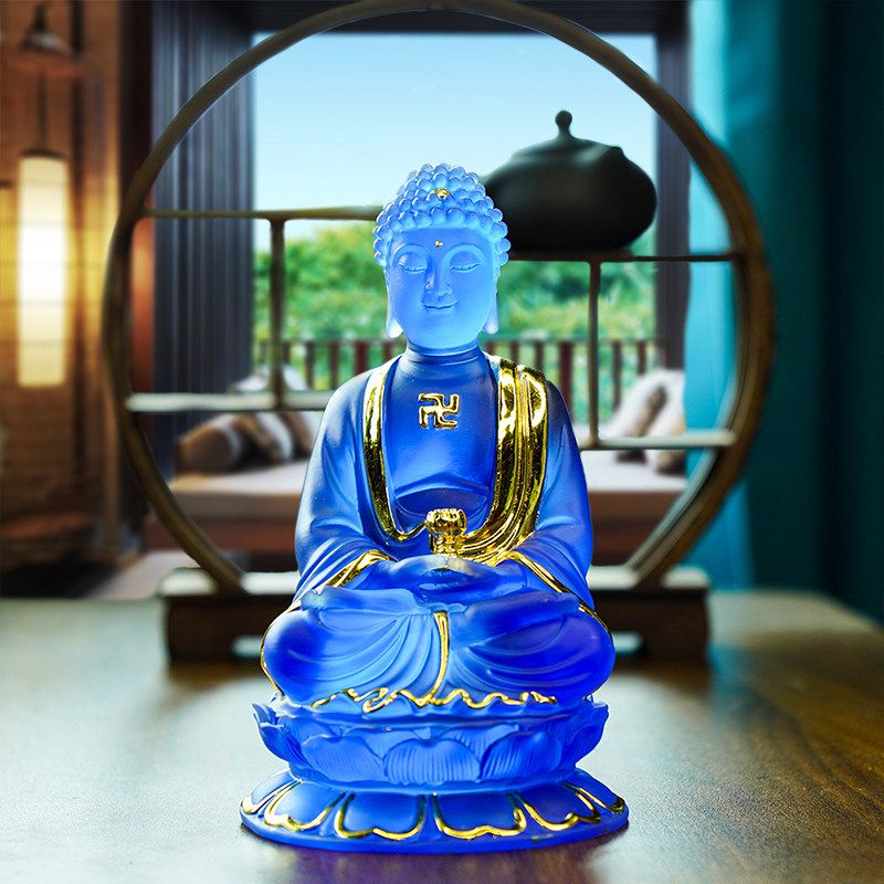 精品贴金工艺仿琉璃阿弥陀佛家用佛堂供奉佛像三宝佛20cm创意摆件