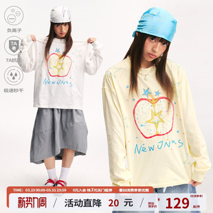 江南先生NewJNXS苹果刺绣长袖 T恤男女速干抗菌纯棉宽松休闲上衣春