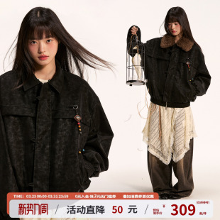 江南先生NewJNXS仿鳄鱼皮可拆卸毛领皮衣双开拉链自带挂件外套春