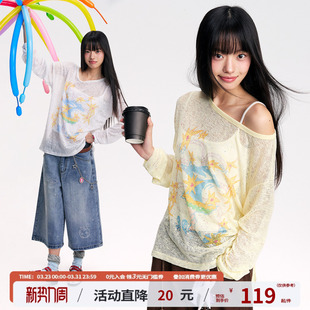 江南先生NewJNXS轻薄透气150g竹彩点精致印花罩衫 T恤 斜肩抽绳长袖