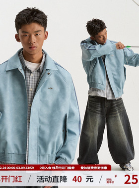 江南先生NewJNXS复古撞色织带宽松夹克春秋金属定制Logo休闲皮衣