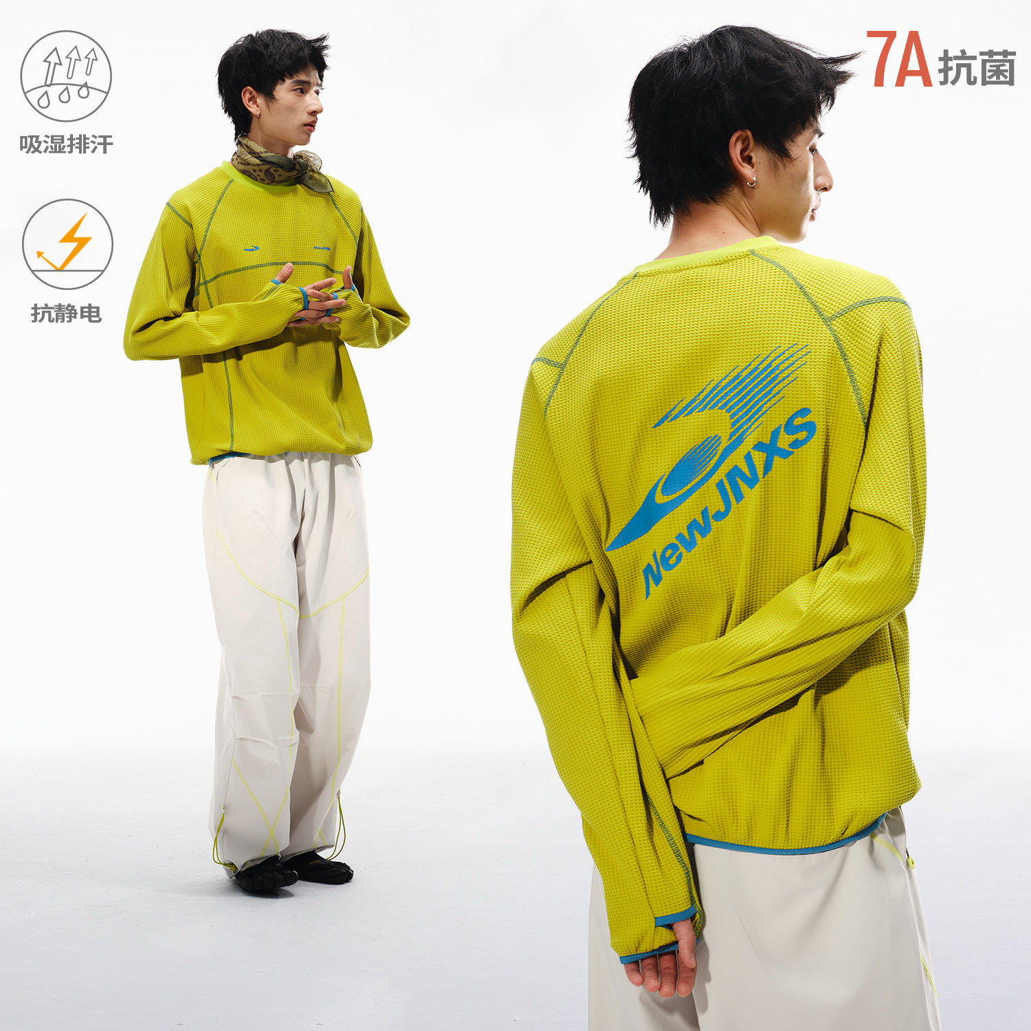 江南先生NewJNXS吸湿抗菌华夫格速干针织T恤男撞色线条拇指扣上衣图片