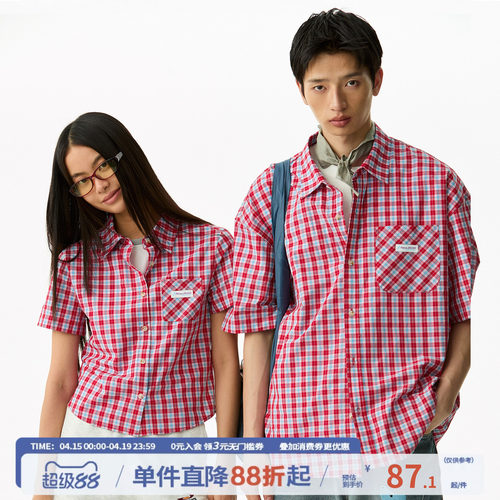江南先生NewJNXS 野生无限韩系格纹衬衫短袖情侣宽松休闲短款衬衣
