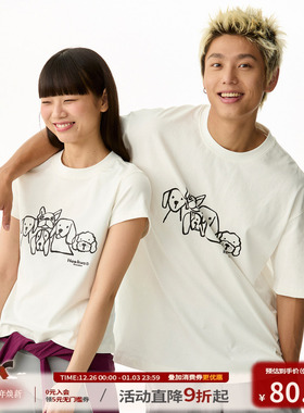 江南先生NewJNXS美式复古小狗印花白色短袖T恤情侣装黑色半袖上衣