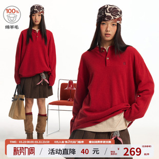 江南先生NewJNXS 全绵羊毛ROW风刺绣亨利领红色毛衣男女 马上有