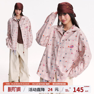 江南先生NewJNXS美式 春秋宽松休闲上衣 复古精致刺绣星星格子衬衫