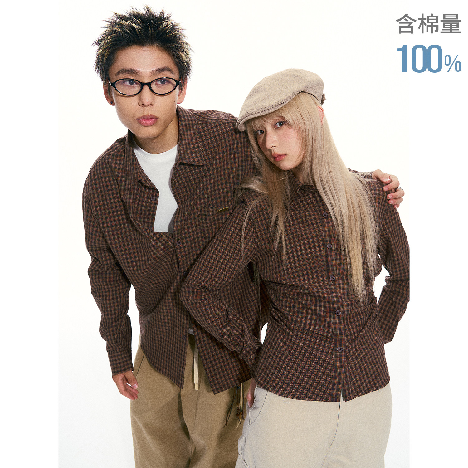 江南先生NewJNXS全棉复古宽松格纹衬衫男情侣款设计感收腰衬衣女图片