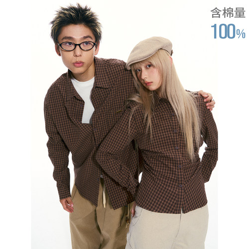 江南先生NewJNXS全棉复古宽松格纹衬衫男情侣款设计感收腰衬衣女
