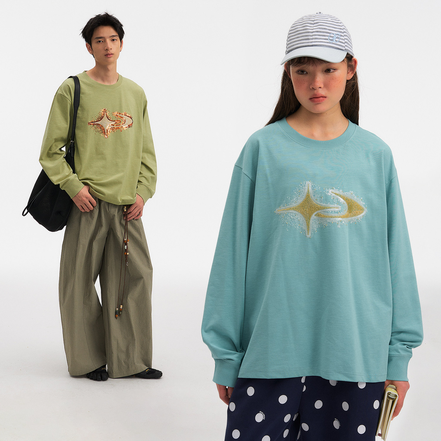 江南先生NewJNXS「星迹」抗菌防晒针织长袖T恤logo绣花宽松上衣秋图片