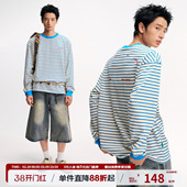 江南先生NewJNXS高克重纯棉撞色条纹长袖 T恤男女宽松休闲印花上衣