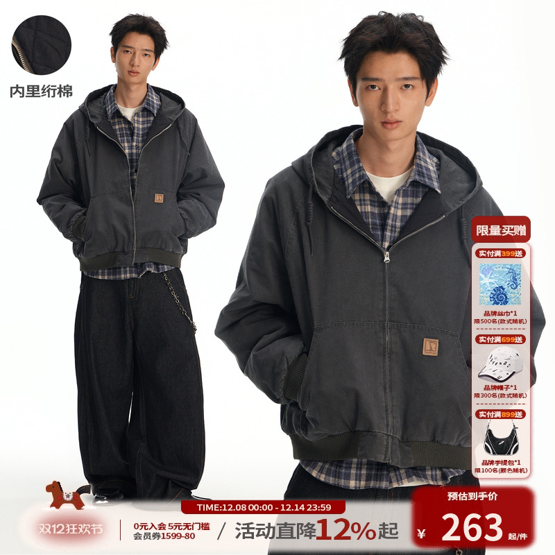 江南先生NewJNXS水洗褪色连帽宽松工装棉服冬大容量口袋皮标外套