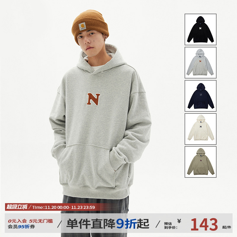 江南先生NewJNXS复古重磅贴布绣连帽卫衣男女春秋潮牌情侣装外套