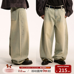 江南先生NewJNXS复古做旧水洗烫钻logo牛仔裤 秋重磅休闲弯刀裤