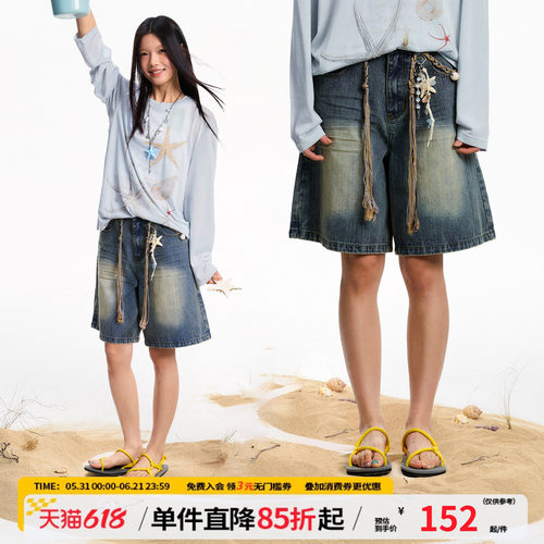 江南先生NewJNXS复古水洗竹节透气吸汗牛仔短裤夏男女宽松五分裤