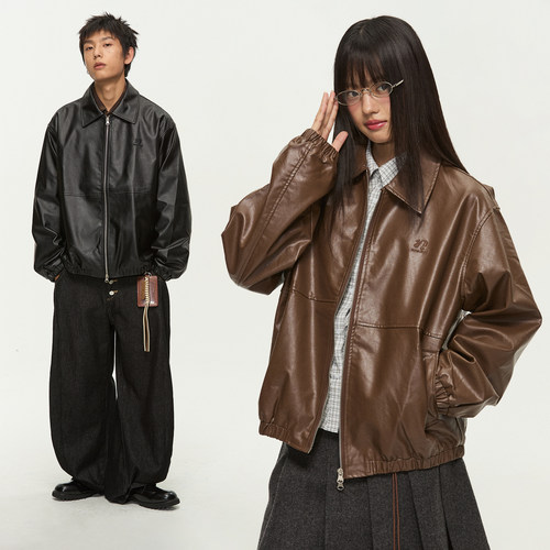 江南先生NewJNXS复古翻领双开拉链皮衣夹克男女休闲logo刺绣外套