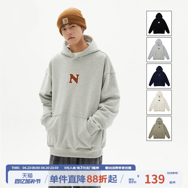 江南先生NewJNXS复古重磅贴布绣连帽卫衣男女春秋潮牌情侣装外套