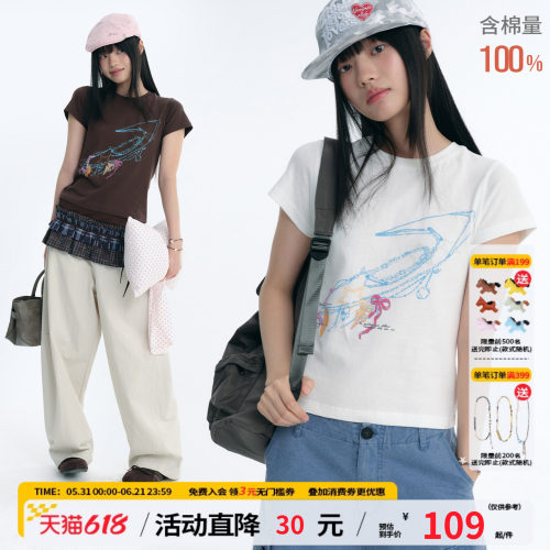 江南先生NewJNXS纯棉仿麻蝴蝶结链logo印花短袖夏季透气修身T恤女