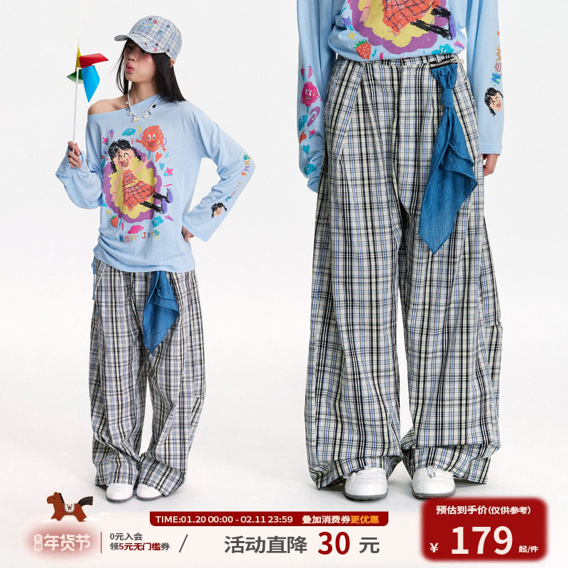 江南先生NewJNXS英伦风复古格纹腰间可拆卸丝带弯刀裤秋宽松长裤,男装,休闲裤,淘宝优惠券,粉丝福利购,淘宝优惠卷